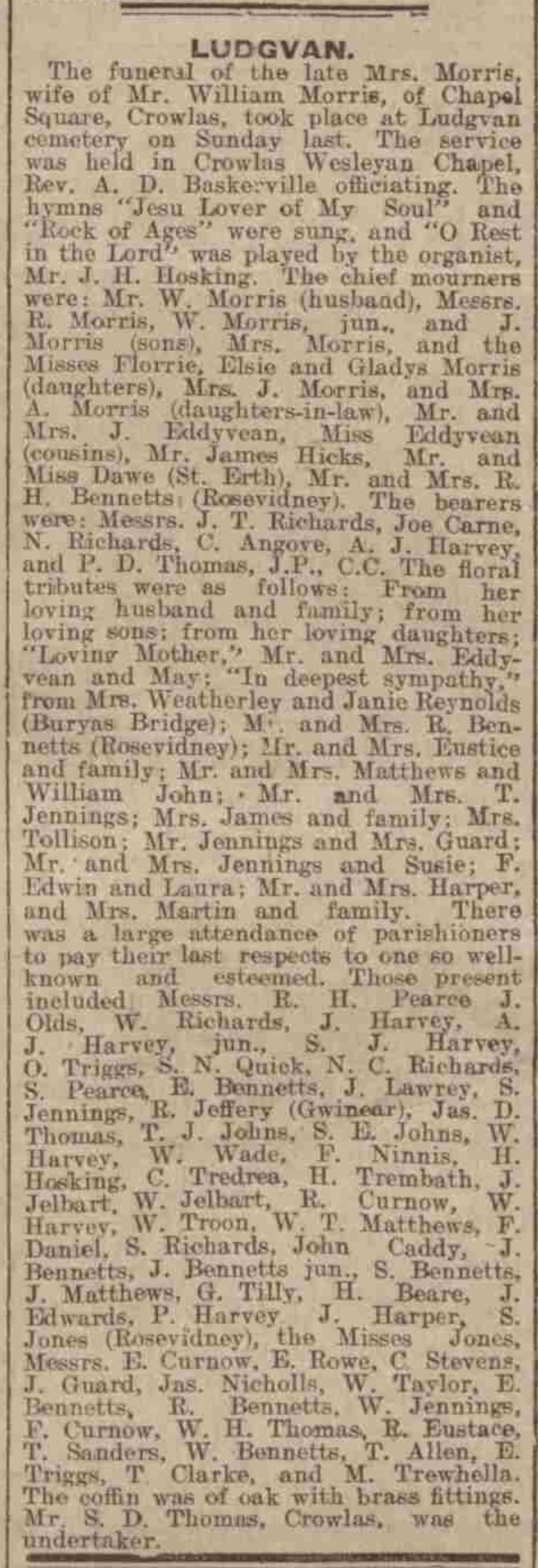 Funeral of Mrs. Morris, wife of Mr. William Morris, Chapel Square, Crowlas, Ludgvan cemetery on Sunday last - 25 May/1 June