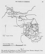 Fig. 5 The parish of Camborne in 1748, extracted from Thomas Martyn’s ‘New and Accurate Map of the County of Cornwall”.